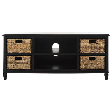Unique TV Stand, Pine Wood Frame With Pull Out Rattan Baskets, Distressed Black