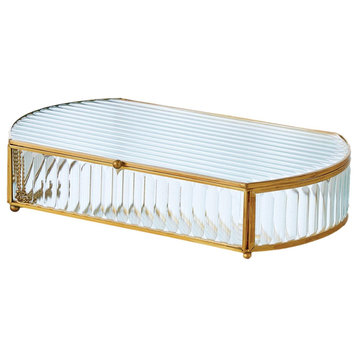 Luxe Vintage Style Ribbed Glass Decorative Box 12" Reeded Gold Edge Oval