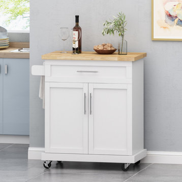 Negley Contemporary Kitchen Cart with Wheels, White + Natural