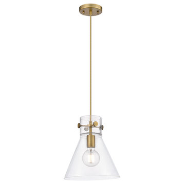 Newton Cone 1 Light Pendant, Brushed Brass, Clear Glass
