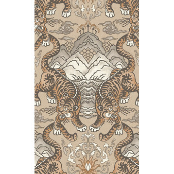 Tiger Chinese Inspired Textured Wallpaper, Taupe, Double Roll
