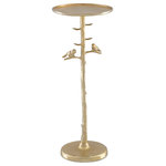 Currey & Company - Piaf Gold Drinks Table - The Piaf Gold Drinks Table is a cast aluminum accent table in a luminous gold finish that will make it gleam from its spot in a room. The whimsical design has two birds perched on twigs extending from a branch-like stem that holds its top. We also offer the Piaf in a polished nickel finish.