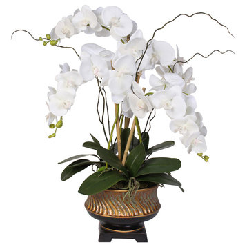Real Touch Cream White Orchid Nestled in Gilded Vase