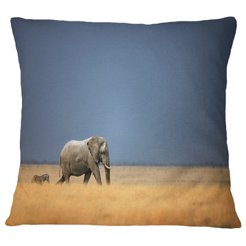 Elephant and Zebra Walking in Bush African Throw Pillow, 16"x16"