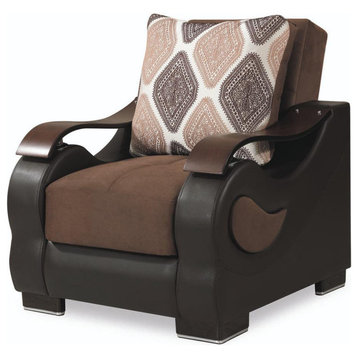 Modern Convertible Accent Chair, Chenille Seat & Curved Wooden Arms, Dark Brown