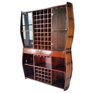 Modular Oak Barrel Wine Hutch Cabinet with Glass Doors