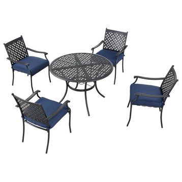 5 Pcs Outdoor Dining Set, Metal Frame, Cushioned Armchairs & Round Table, Blue