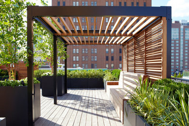 Example of a large trendy rooftop rooftop deck container garden design in New York with a pergola