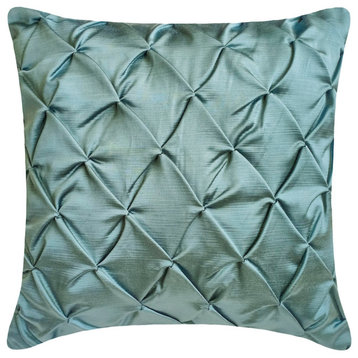 Blue Satin Textured and Pintucks 22"x22" Throw Pillow Cover Blue Calm