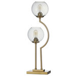 StyleCraft - StyleCraft 2 Steel Brass Poles With Clear Glass Globe Up Lights L55795DS - The modern Ashington table lamp has an uplight-style design with two brass poles, each of which supports one light bulb in a clear glass globe shade. The frame's two poles sit on a rectangular brass base, and their different heights increase this lamp's visual appeal. Bold design and a convenient cord switch make this brass table lamp ideal for a living room or family room.