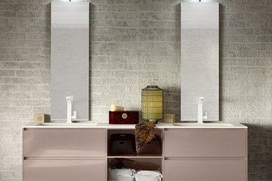 This is an example of a mid-sized modern master bathroom in Miami with furniture-like cabinets and brown cabinets.