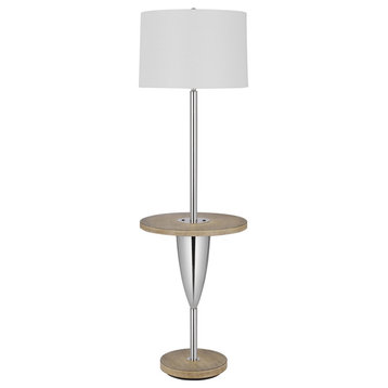 Charlie 61" Modern Floor Lamp, Wood Table, 1 Usb, Glossy, White, Brown