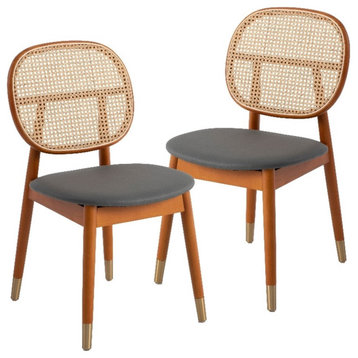 LeisureMod Holbeck Wicker Dining Chair with Wood Legs Set of 2 Gray