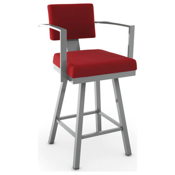 Amisco Akers Swivel Counter and Bar Stool, Red Polyester / Metallic Grey Metal, Counter Height