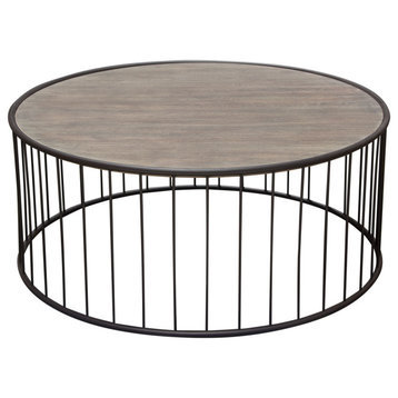 38" Gibson Round Cocktail Table, Gray Oak Finished Top and Metal Base