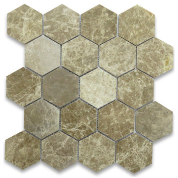Emperador Light Brown Marble 3 inch Hexagon Mosaic Tile Polished, 1 sheet