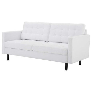 Mid Century Modern Sofa, Velvet Upholstery With Button Tufted Seat & Back, White