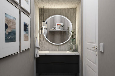 Small minimalist dark wood floor, brown floor and wallpaper powder room photo in New York with flat-panel cabinets, gray cabinets, quartzite countertops, white countertops, a floating vanity, a one-piece toilet, gray walls and a drop-in sink