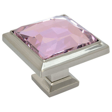 Cosmas 5883SN-P Satin Nickel Cabinet Square Knob With Pink Glass, Set of 5