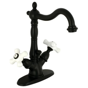 Tall Bathroom Faucet, Centerset Design With Cross Handles & Pop Up Drain, Black