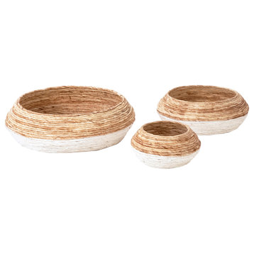 Abaca Natural Woven Round Nesting Low-Profile Two Toned Baskets, Set of 3