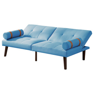 TATEUS Linen Fabric Minimalist Sofa Bed Futon With Solid Wood Legs, Blue