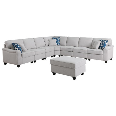 Leo Light Gray Linen 8-Piece Modular L-Shape Sectional Sofa and Ottoman