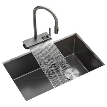 Black Modern Stainless Steel Sink With Waterfall Design Large Single For Kitchen, L26.8xw16.9" / L68xw43cm A1-Fp