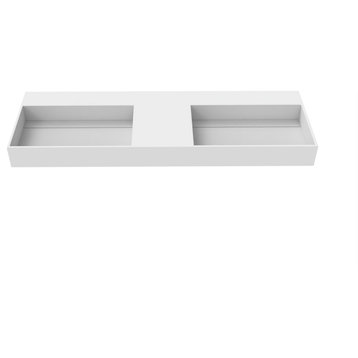 Juniper Wall Mounted Countertop Concealed Drain Basin Sink, White, 60, Double Basin, No Faucet Hole
