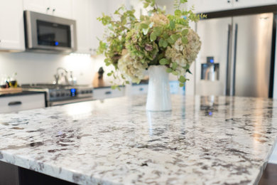 Open concept kitchen - mid-sized transitional l-shaped dark wood floor open concept kitchen idea in Other with an undermount sink, shaker cabinets, white cabinets, granite countertops, gray backsplash, stainless steel appliances and an island