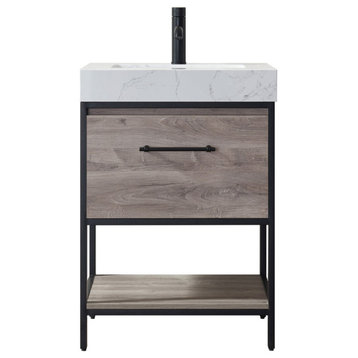 Palma Vanity with White Stone Countertop, Mexican Oak, 24", Without Mirror