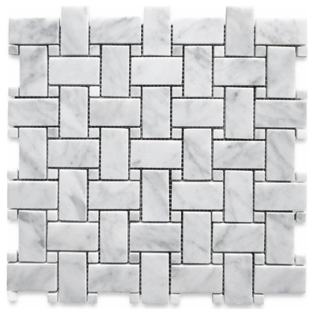 Carrara White Marble Basketweave Mosaic Tile White Dots Polished 1x2, 1 sheet