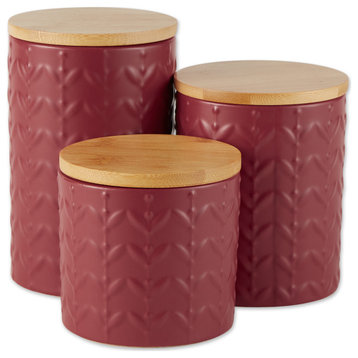 Barn Red Matte Retro Vine Texture Ceramic Canister (Set of 3)