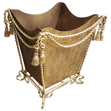Luxe Antique Style Gold Iron Waste Basket Swag Tassel Ornate Romantic Bathroom