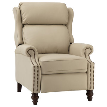 Modern Genuine Leather Manual Recliner With Solid Wood Legs, Beige