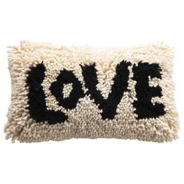 Woven Wool Shag Lumbar Pillow "Love", Black/Cream