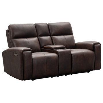 Keegan Leather Power Reclining Console Loveseat With Power Headrests, Brown