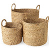 Sivan Light Brown Water Hyacinth Round Baskets w/Handles (Set of 3)