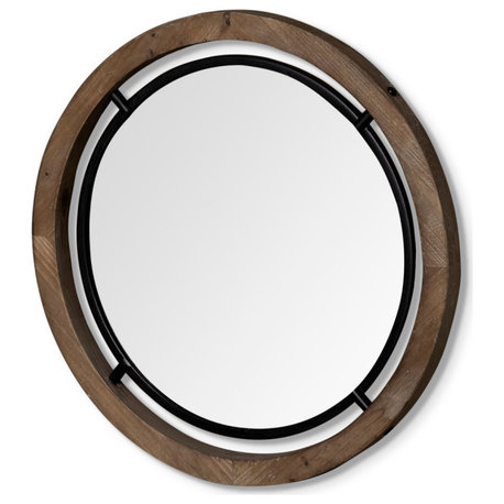 Josi Brown Solid Wood And Black Metal Frame Round Mirror, 28"