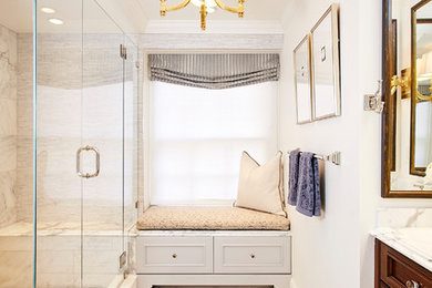 Example of a mid-sized classic master white tile and mosaic tile marble floor alcove shower design in Boston with an undermount sink, furniture-like cabinets, medium tone wood cabinets, marble countertops and white walls