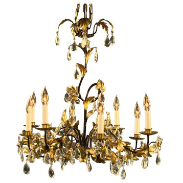 Consigned Italian 8-Arm Chandelier  Entwined Gold Leaves  Clear Glass Crystals