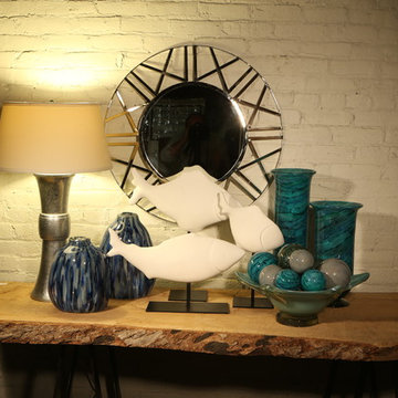 Wooden Hallway Table with Silver, Nickel Table Lamp, Geometric Mirror and Nautic