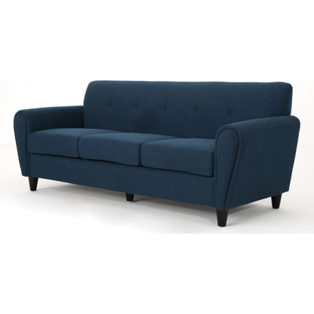 GDF Studio Emily Buttoned Traditional Fabric 3-Seat Sofa, Navy Blue