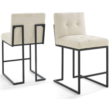 Counter Stool Chair, Set of 2, Fabric, Metal, Black Beige, Modern, Bar Pub