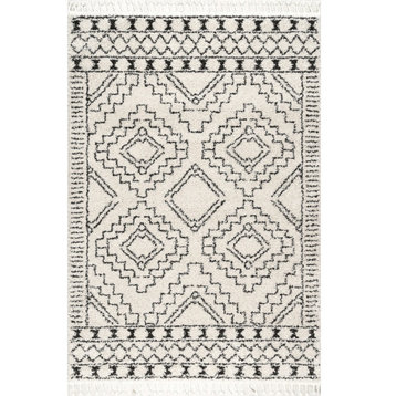 Moroccan Shag Tribal Chevron Tassel Area Rug, Off-White, Off White, 10'2"x14'