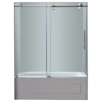 Langham 60"x60" Completely Frameless Tub-Height Sliding Shower Door, Stainless