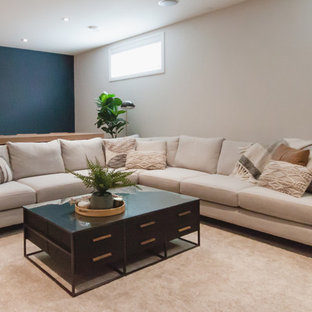 Foto de sótano en el subsuelo tradicional renovado, de tamaño medio, con paredes blancas, moqueta, chimenea tradicional, marco de chimenea de baldosas y/o azulejos y suelo beige