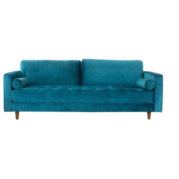 Pemberly Row Mid-Century Velvet Cushion Back Sofa in Teal Turquoise