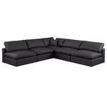 Meridian Furniture - Comfy Upholstered L-Shaped Modular Sectional, Black, 5-Piece: 4 Armless Chair, 1 Corner Chair, Vegan Leather - Give your space a whole new look with this black Comfy vegan leather sectional. This handsome sectional fits nicely with other items in the Comfy collection and is a versatile seating option designed for adaptability, comfort and style. Wrapped in rich black durable vegan leathered upholstery, this sectional offers a plush embrace of overstuffed down feather cushions, carefully crafted to deliver the highest level of comfort. The perfect seat for creating an oasis for relaxation, this sectional has thick foam surrounding its frame for added support and coziness.