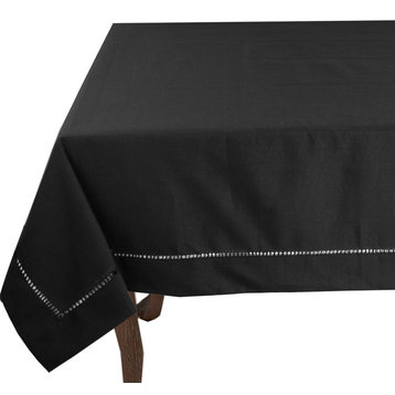 Stylish Solid Color with Hemstitched Border Tablecloth, Black, 65"x120"